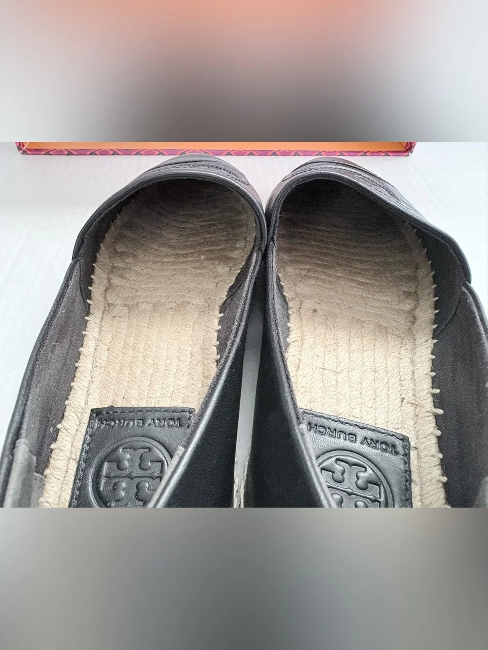 Tory Burch Benton Black Leather Espadrille Slip-Ons with Logo Medallion Size 5